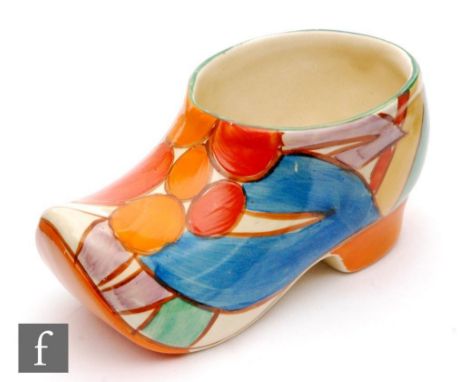 Clarice Cliff - Berries - A large Sabot or clog circa 1931, hand painted with stylised fruit and foliage over diagonal lines 