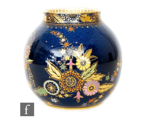 Carlton Ware - A 1930s Persian Garden pattern ovoid vase decorated with enamel and gilt stylised flowers against a mottled bl