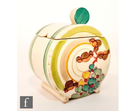 Clarice Cliff - Green Hydrangea - A Bon Jour preserve pot circa 1934, hand painted with a flowering bough over graduated gree