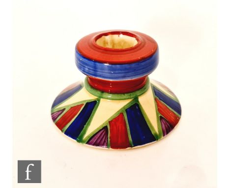 Clarice Cliff - Original Bizarre - A small shape 331 squat candlestick circa 1929, hand painted with a repeat triangular desi