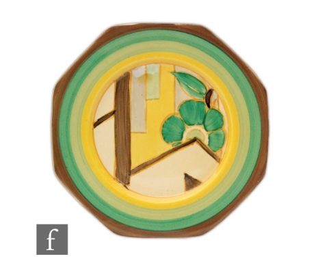 Clarice Cliff - Moonflower - An octagonal plate circa 1934, hand painted with an abstract flower and line design with tonal g