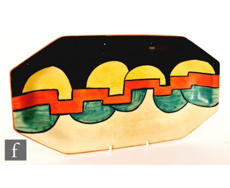 Clarice Cliff - Castellated Circle - A shape 334 sandwich tray circa 1929, hand painted with a stepped band with semicircles 
