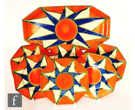 Clarice Cliff - Original Bizarre - A complete sandwich set circa 1929, comprising shape 334 sandwich tray and six octagonal s