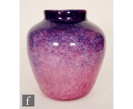 Monart - A 1930s glass jar, of shouldered form with a shallow collar neck, shape Z, with a deep purple gradient over a pink m