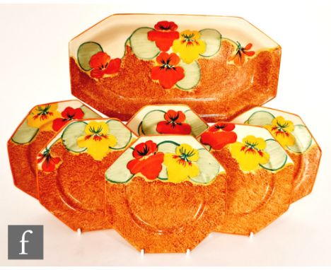 Clarice Cliff - Nasturtium - A complete sandwich set circa 1932, comprising a shape 334 sandwich tray and six octagonal side 