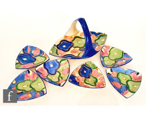 Clarice Cliff - Blue Chintz - A shape 471 seven piece Bon Bon dish and side plates circa 1932, hand painted with stylised flo