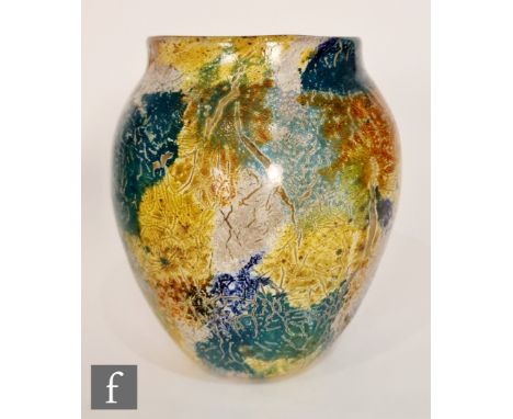 Monart - A 1930s stone wear cloisonne glass vase of ovoid form, shape MF, with crackled enamel decoration in tones of yellow 