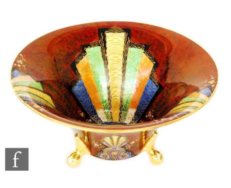 Carlton Ware - A 1930s Art Deco Fan pattern conical bowl raised to three ball feet, decorated with enamel and gilt fan motifs