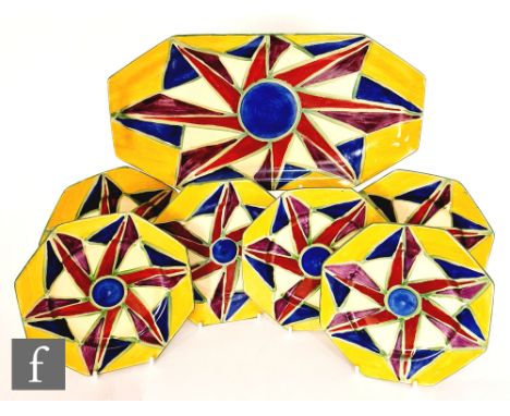 Clarice Cliff - Original Bizarre - A complete sandwich set circa 1928, comprising shape 334 sandwich tray and six octagonal p