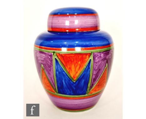 Clarice Cliff - Original Bizarre - A Ginger Jar and cover circa 1927, hand painted with a panel of chevrons and triangles in 