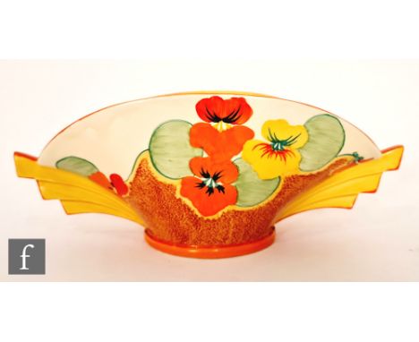 Clarice Cliff - Nasturtium - A shape 450 Daffodil vase circa 1932, hand painted with flowers and foliage over a stippled Cafe