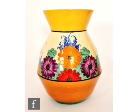 Clarice Cliff - Gay Day - A shape 360 vase circa 1931, hand painted with a band of stylised flowers and foliage between match