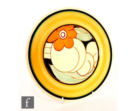 Clarice Cliff - Floreat - A circular plate circa 1930, decorated with stylised fruit and foliage within black and yellow band