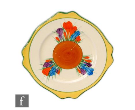 Clarice Cliff - Autumn Crocus - A Leda shape plate circa 1930, radially hand painted with crocus sprays with yellow, green an