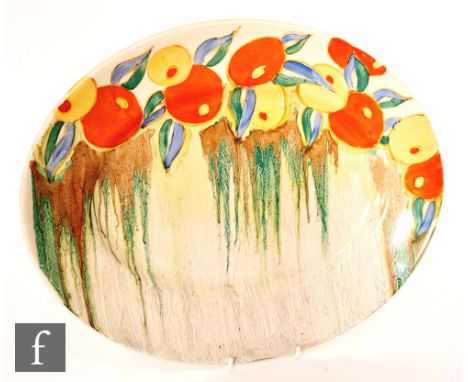 Clarice Cliff - Delecia Citrus - An oval meat plate circa 1935, hand painted with a band of stylised fruit and foliage over a