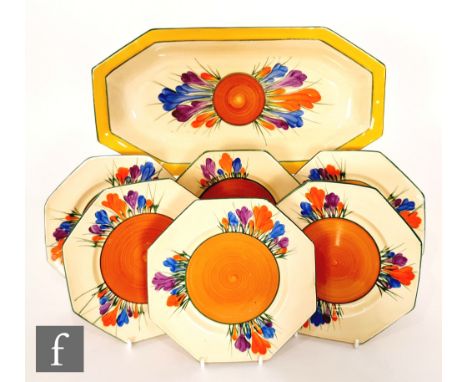Clarice Cliff - Crocus - A complete sandwich set circa 1931, comprising shape 334 sandwich tray and six octagonal side plates