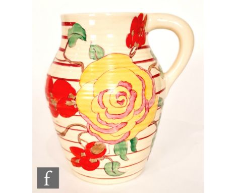 Clarice Cliff - Damask Rose - A small size single handled Lotus jug circa 1933, hand painted with flowering rose boughs over 