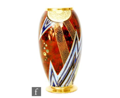 Carlton Ware - A 1930s Art Deco Jazz pattern vase of swollen form decorated with gilt and enamel stylised abstract motifs aga