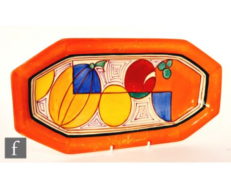 Clarice Cliff - Melon - A shape 334 sandwich tray circa 1930, hand painted with a band of stylised abstract fruit with orange