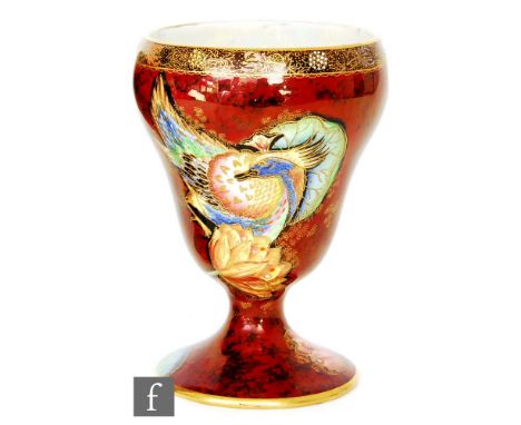 Carlton Ware - A 1930s Art Deco Crested Bird goblet shaped vase decorated with large coloured enamel birds against a marbled 