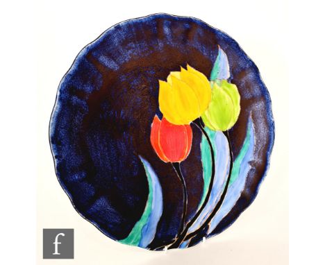 Clarice Cliff - Inspiration Clovre Tulip - A large wave edge wall plaque or plate circa 1930, hand painted with three tulip f