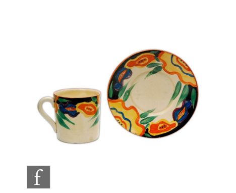 Clarice Cliff - Garland - A Tankard shape coffee can and saucer circa 1928, hand painted with stylised flowers and foliage, B