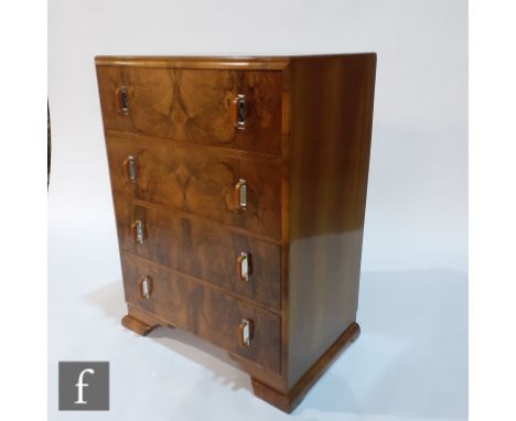Unknown - A 1930s butterfly walnut tall boy comprising four uniform drawers each with twin chrome backed amber coloured pheno
