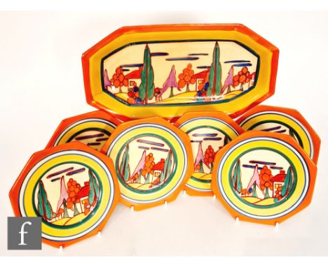 Clarice Cliff - Seven Colour Trees &amp; House - A complete sandwich set circa 1929/30, comprising shape 334 sandwich tray an