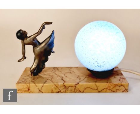 Unknown - A 1930s table lamp detailed with a spelter figure of a dancer beside a mottled blue shade, all to a rectangular var
