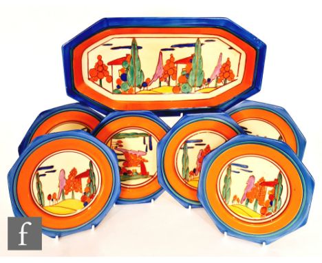 Clarice Cliff - Seven Colour Trees &amp; House - A complete sandwich set circa 1930, comprising a shape 334 sandwich tray and