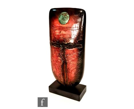 Peter Hayes - A large raku sack form sculpture with inset copper roundel decorated with red wash over the textured and cut bo