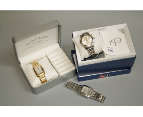 A Tissot quartz 150 year commemorative wristwatch, boxed with paperwork, a Tissot multi-dial calendar quartz wristwatch and a