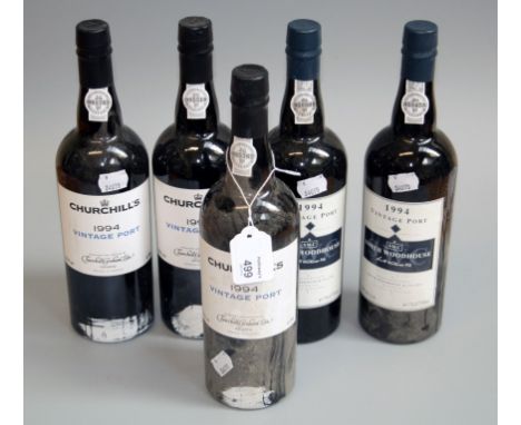 Three bottles of Churchill's 1994 Vintage Port, and two bottles of Smith Woodhouse 1994 Vintage Port (5)