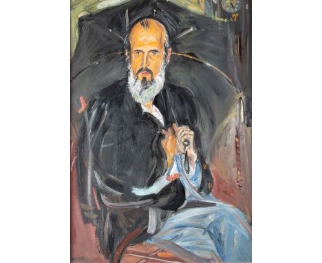 Natta Konysheva (Russian b.1935) A three-quarter length portrait of a haunted-looking gentleman, seated with an open umbrella