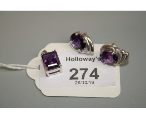 A single stone amethyst pendant, the rectangular step cut amethyst in 9ct white gold mount, together with a pair of single st