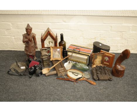 A mixed lot of collector's items, including Balinese and other carved wood figures a Hohner ten key accordion, an Edwardian b