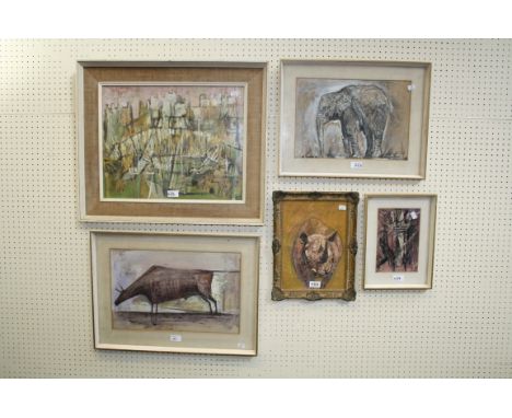 Tim Halliday (British 1945-2019) Study of a rhinoceros gouache, signed lower left 32 x 23cm together with a bovine study, a s