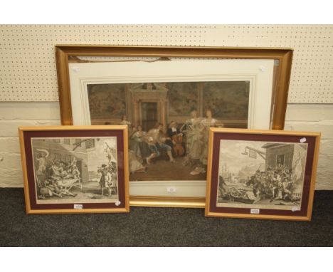 A 19th century over painted lithograph of female sopranos and a string ensemble, together with a pair of 18th century engravi
