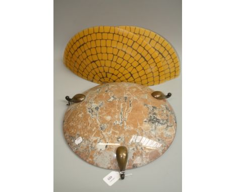 A set of five Art Deco-style marbled glass ceiling light bowls, each with short scrolled brass arms, together with another si