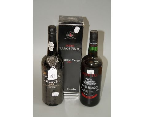A boxed bottle of Ramos Pinto 1989 LBV Port, a bottle of Fonseca 1988 Vintage Port and a bottle of Don Pablo Tawny Port