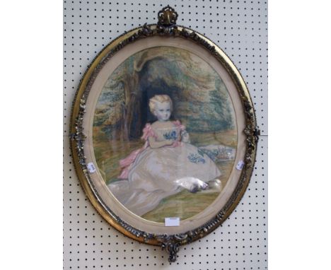 Victorian School An oval portrait of a young girl seated beneath a tree watercolour, unsigned 46 x 39cm