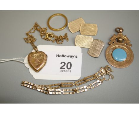 A 9ct gold and enamel sporting medal, together with a 22ct gold wedding band, a pair of rectangular 9ct gold cufflinks, a loc