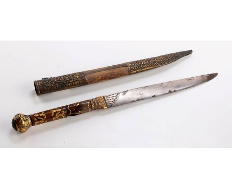 A late 18th century/ early 19th century Ottoman kard and scabbard, with gold inlaid jade handle, fitted a single edged wootz 