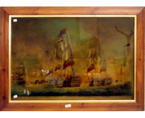 A reproduction over painted lithograph on glass, of The Battle of Cape St Vincent, 58 x 87cm