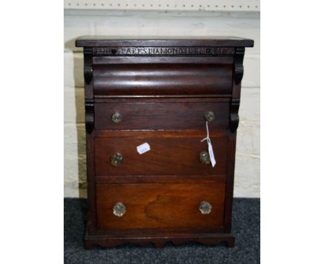 A late 19th century mahogany miniature chest, the frieze with carved inscription  'Jane S Parks, Diamond Jubilee 1897', over 