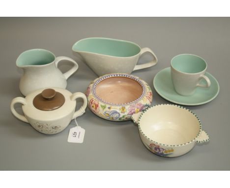 A Poole pottery jade green and white twin-tone tea set, together with other items of Poole pottery floral painted ware and ot