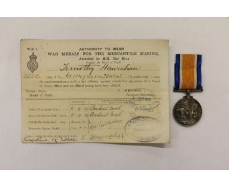 Medals &amp; Paraphernalia: World War One, (Mercantile Marine Medal) Hanrahan (Timothy), a group of two Medals and ribbon (in