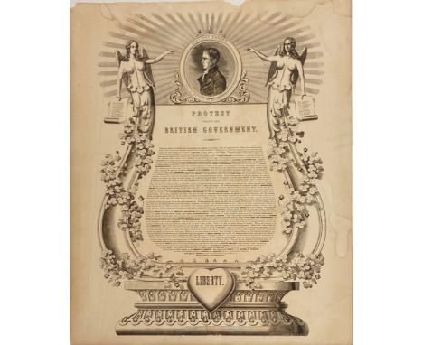 Broadside: Protest against the British Government. Large folio sheet, 25" x 30", b/w wood engraved illustrations and border i