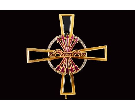 dating: About 1940 provenance: Spain, Grand Cross made of gold with ruby arrows and yoke, with motto of the order 'Caesaris C