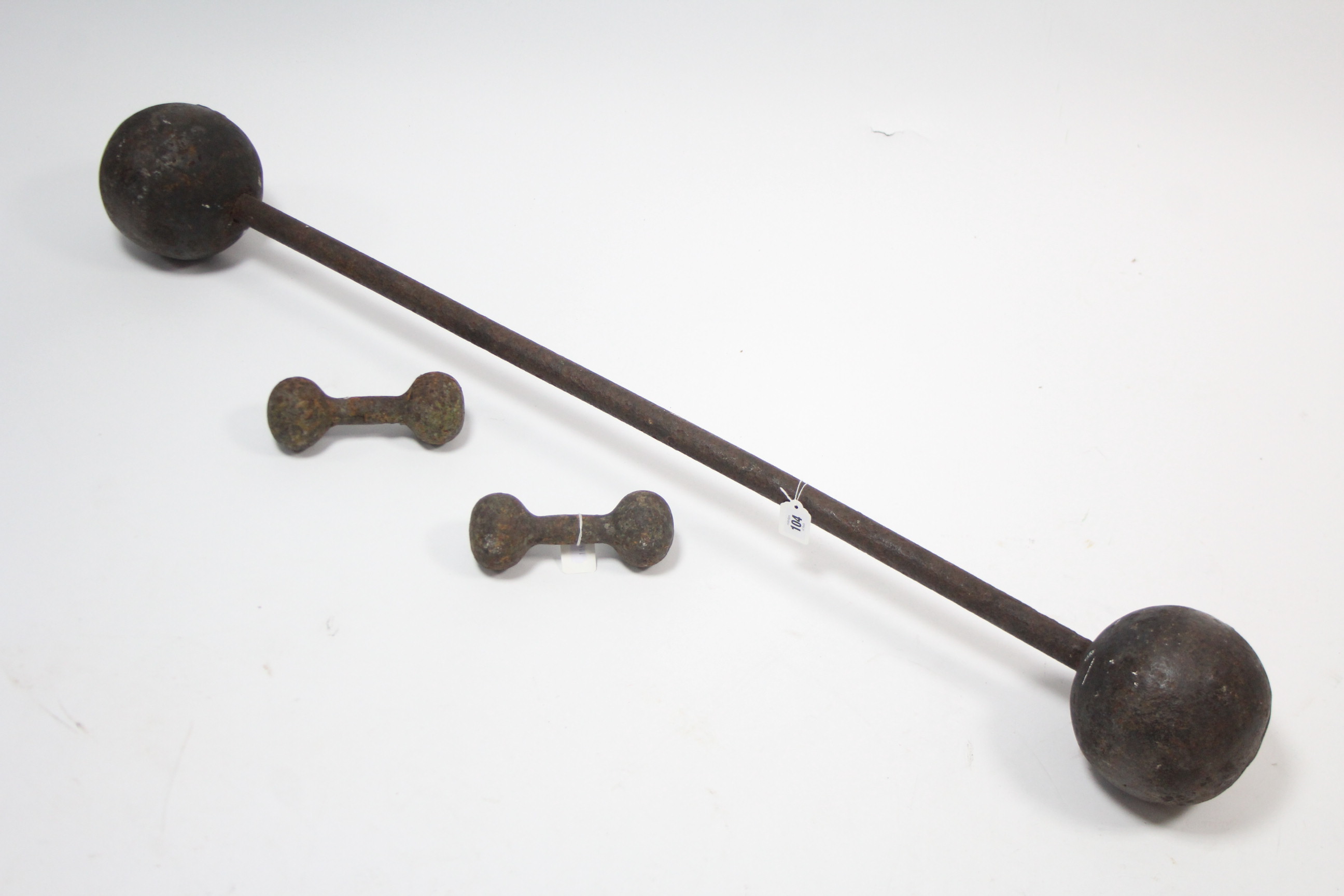 A Vintage Iron Circus Strongman’s Barbell, 50” Long; & A Ditto Pair Of 